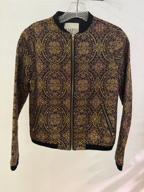 BB Dakota Gold and Purple Brocade Bomber Jacket